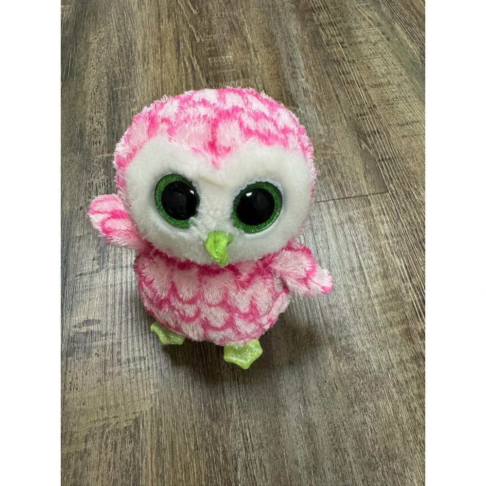 Ty Beanie Boos Bubbly Pink Owl Plush Stuffed Animal Glitter Green Eyes 7 inch